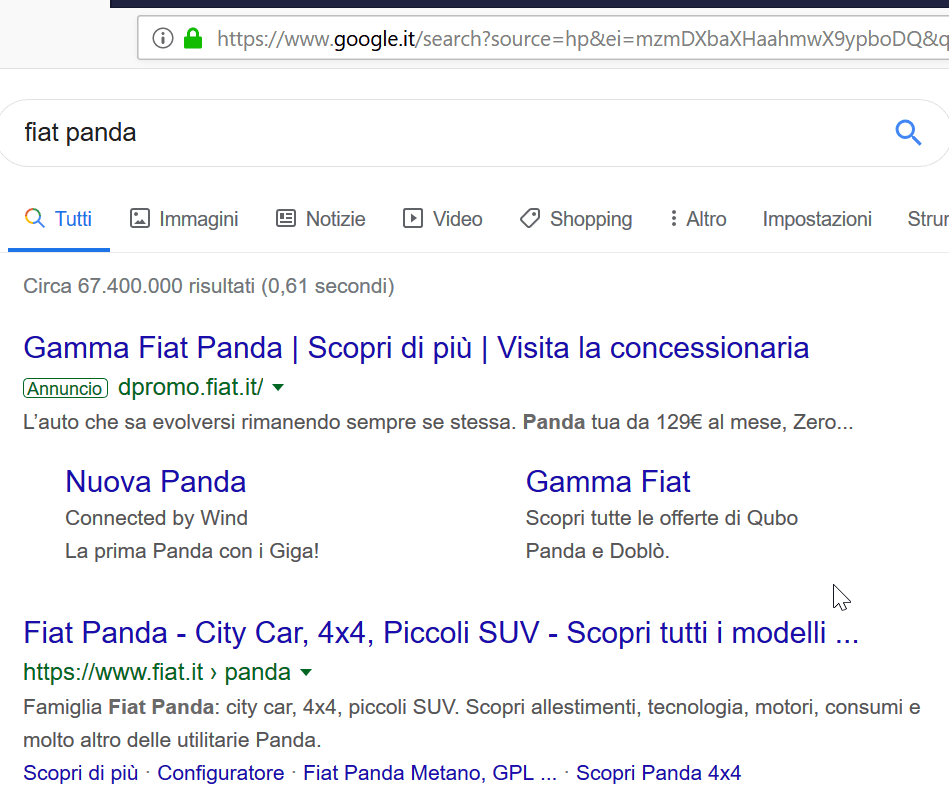 Esempio di annuncio sponsorizzato su Google